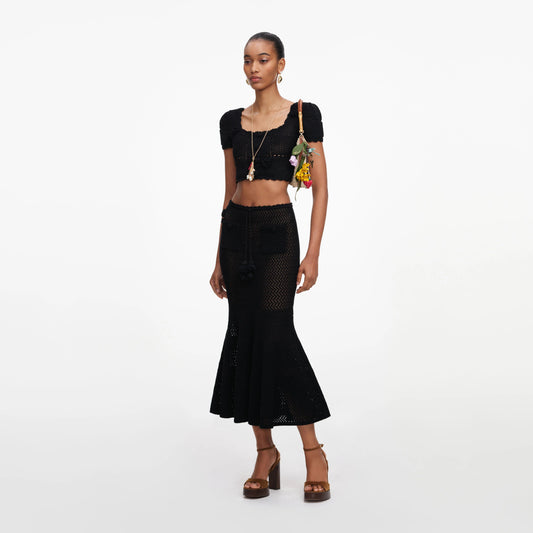 Black Crochet Knit Midi Skirt