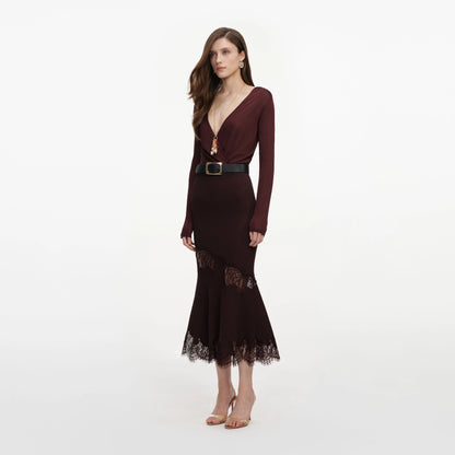 Brown Ribbed Knit Midi Skirt
