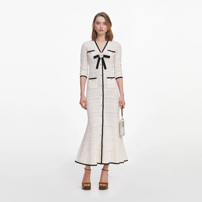 White Pointelle Knit Long Cardigan