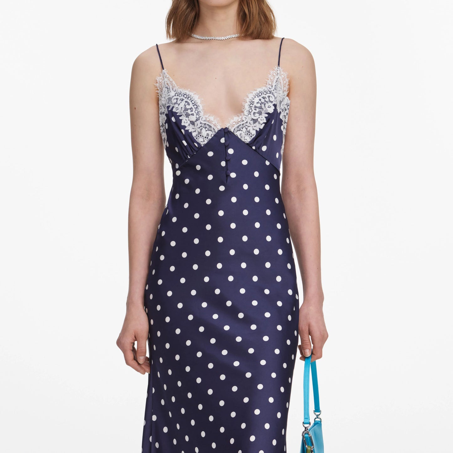 Navy Satin Polka Dot Midi Dress