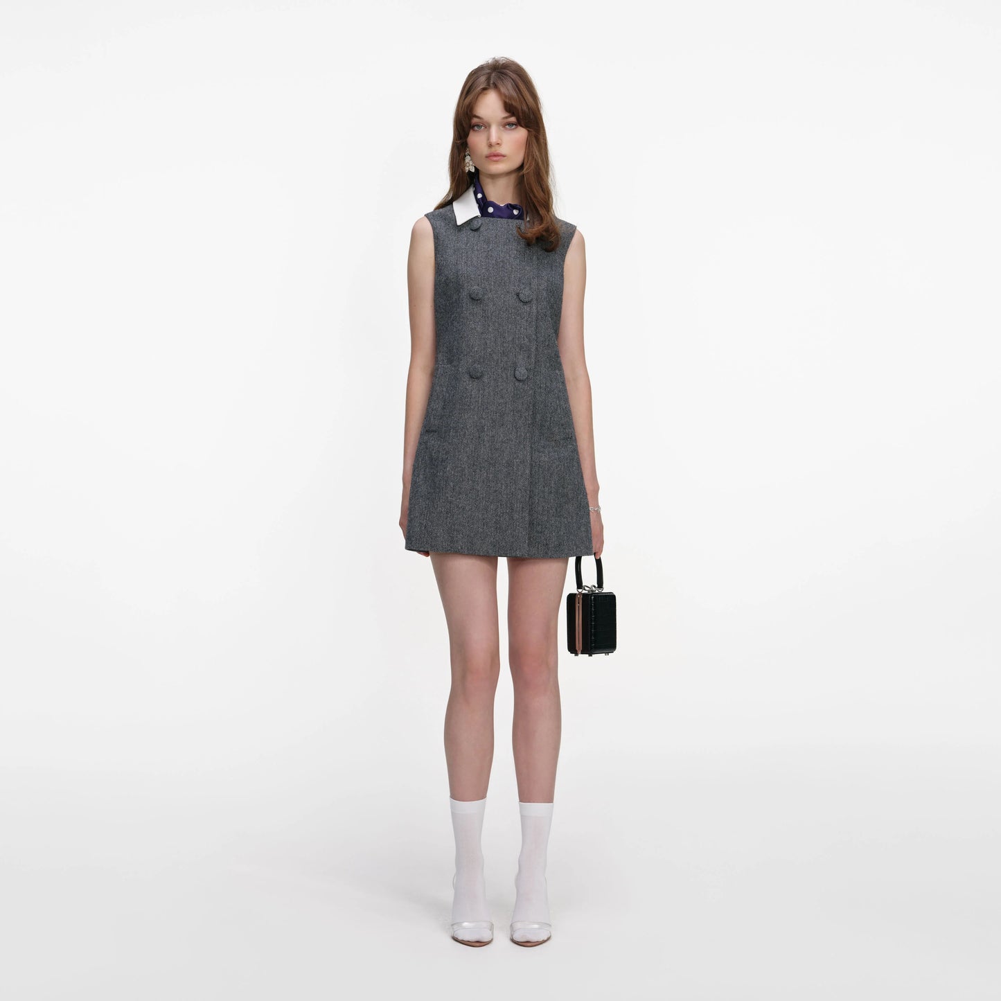 Grey Herringbone Scarf Detail Mini Dress