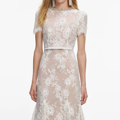 White Sequin Lace Midi Dress