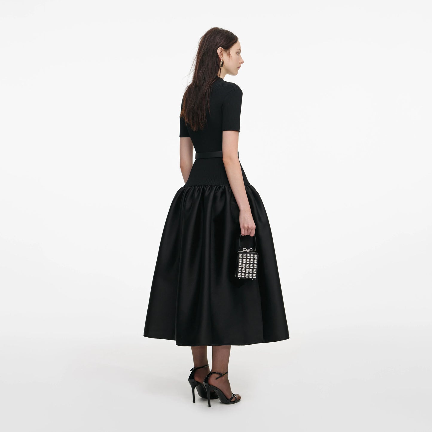 Black Knit Taffeta Midi Dress
