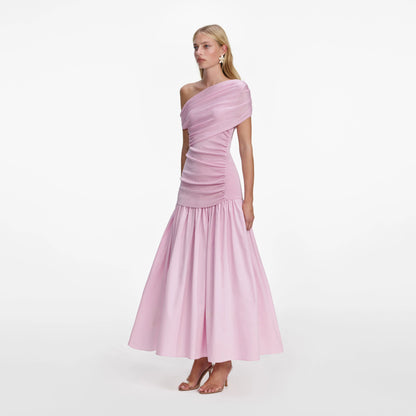 Pink Cotton Draped Knit Midi Dress