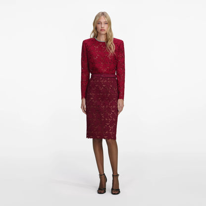 Burgundy Guipure Lace Midi Skirt