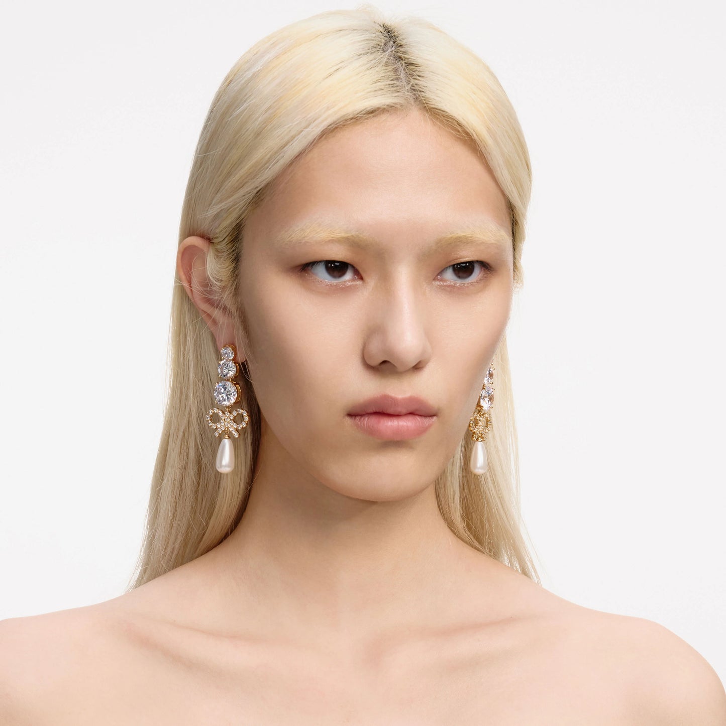 Gold Crystal Bow Pearl Earrings
