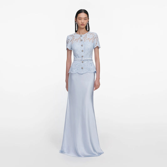 Blue Lace Satin Maxi Dress