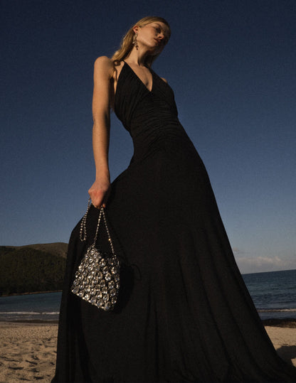 Black Jersey Gathered Maxi Dress