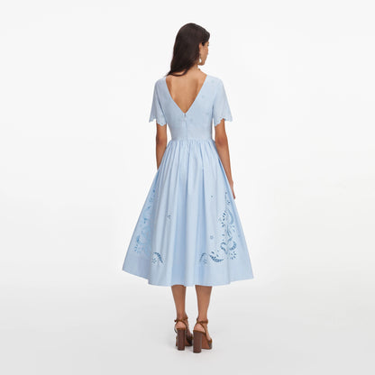 Blue Cotton Embroidered Midi Dress