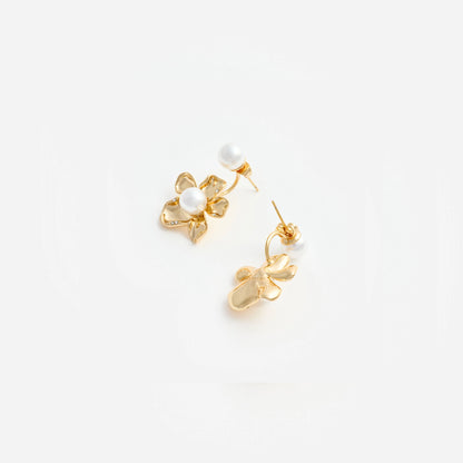 Gold Flower Pearl Jacket Earrings