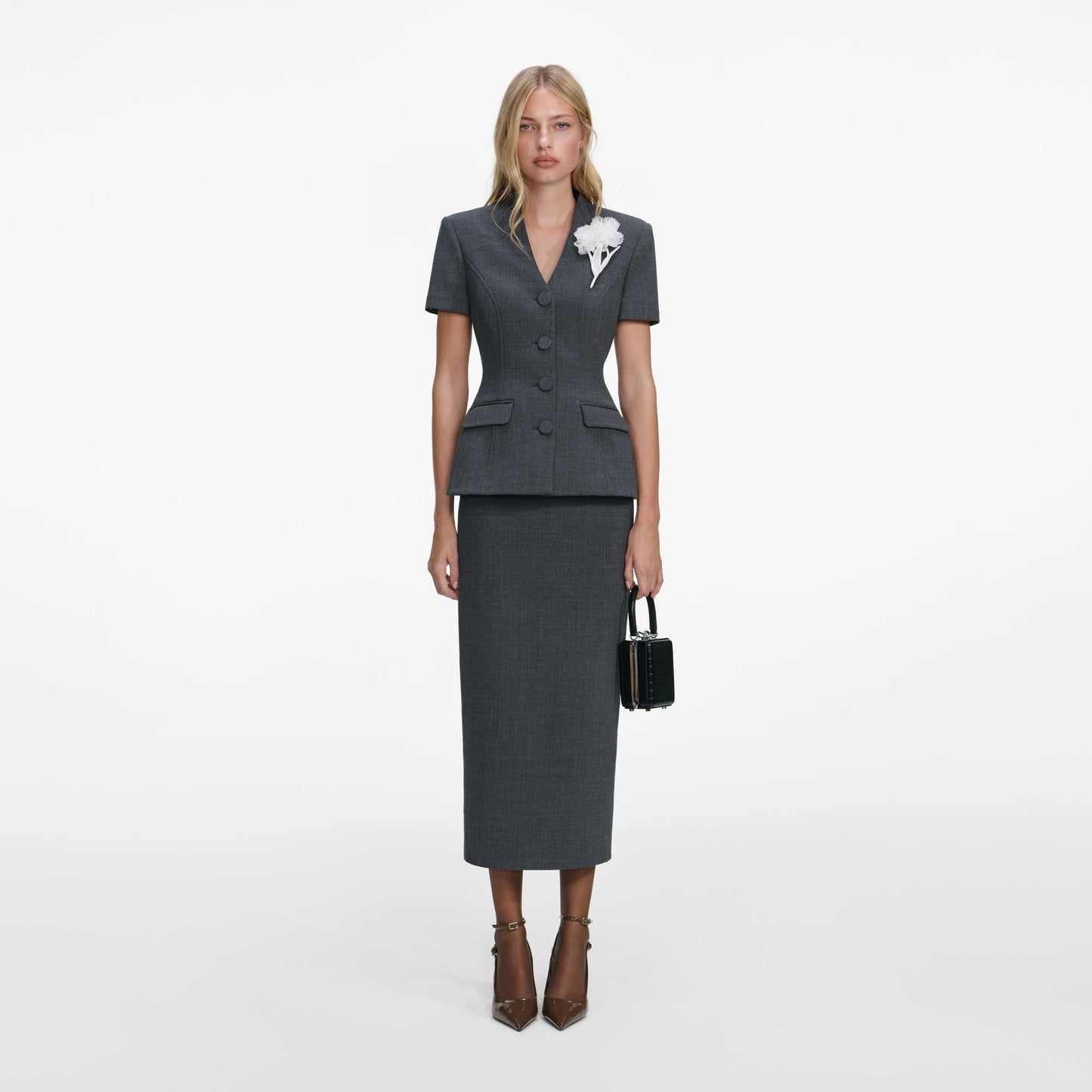 Grey Tailored Flower Detail Midi Dress