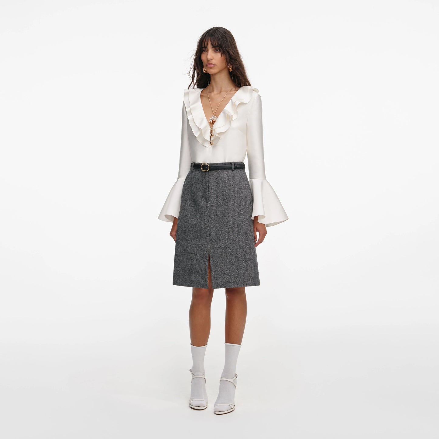 Grey Herringbone Midi Skirt