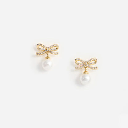 Gold Bow Pearl Earrings