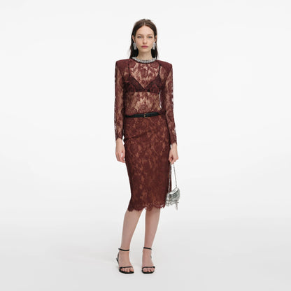 Brown Floral Lace Midi Skirt