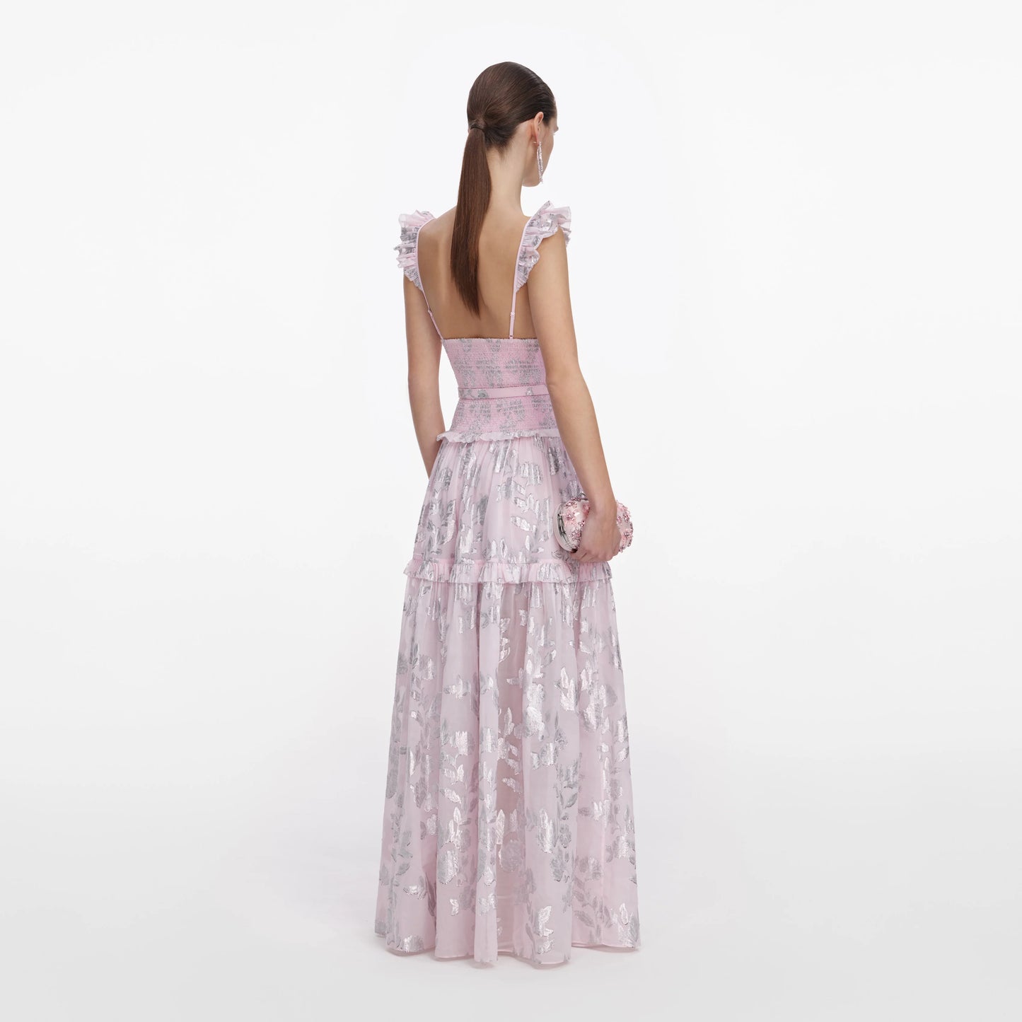 Pink Metallic Chiffon Flower Maxi Dress