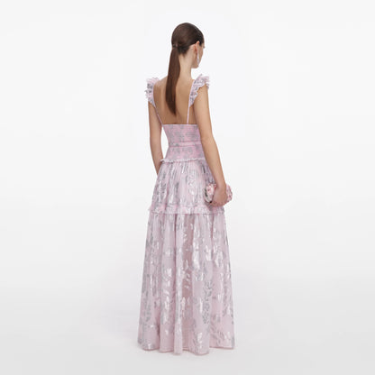 Pink Metallic Chiffon Flower Maxi Dress