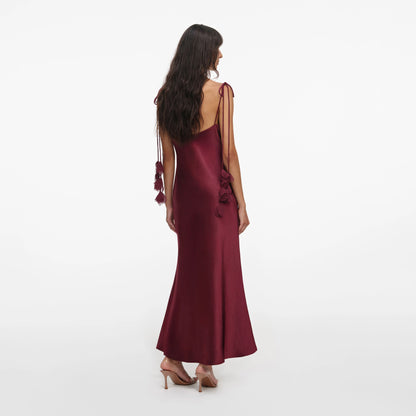 Burgundy Satin Flower Midi Dress