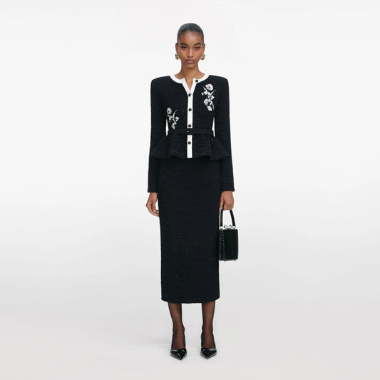 Black Floral Textured Knit Midi Dress