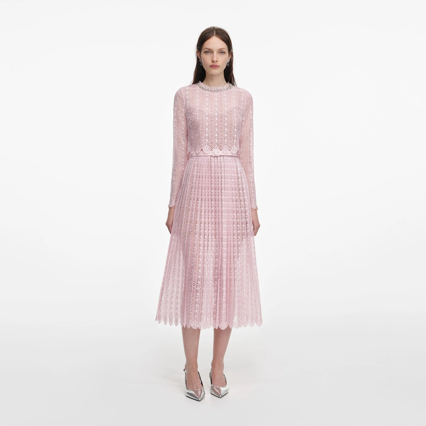 Pink Organza Lace Midi Dress