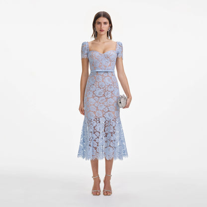 Baby Blue Fine Lace Midi Dress
