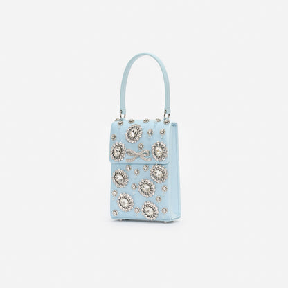 Blue Satin Crystal Mini Bow Bag