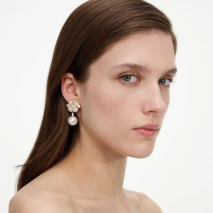 Mini Gold Crystal Flower Pearl Earrings