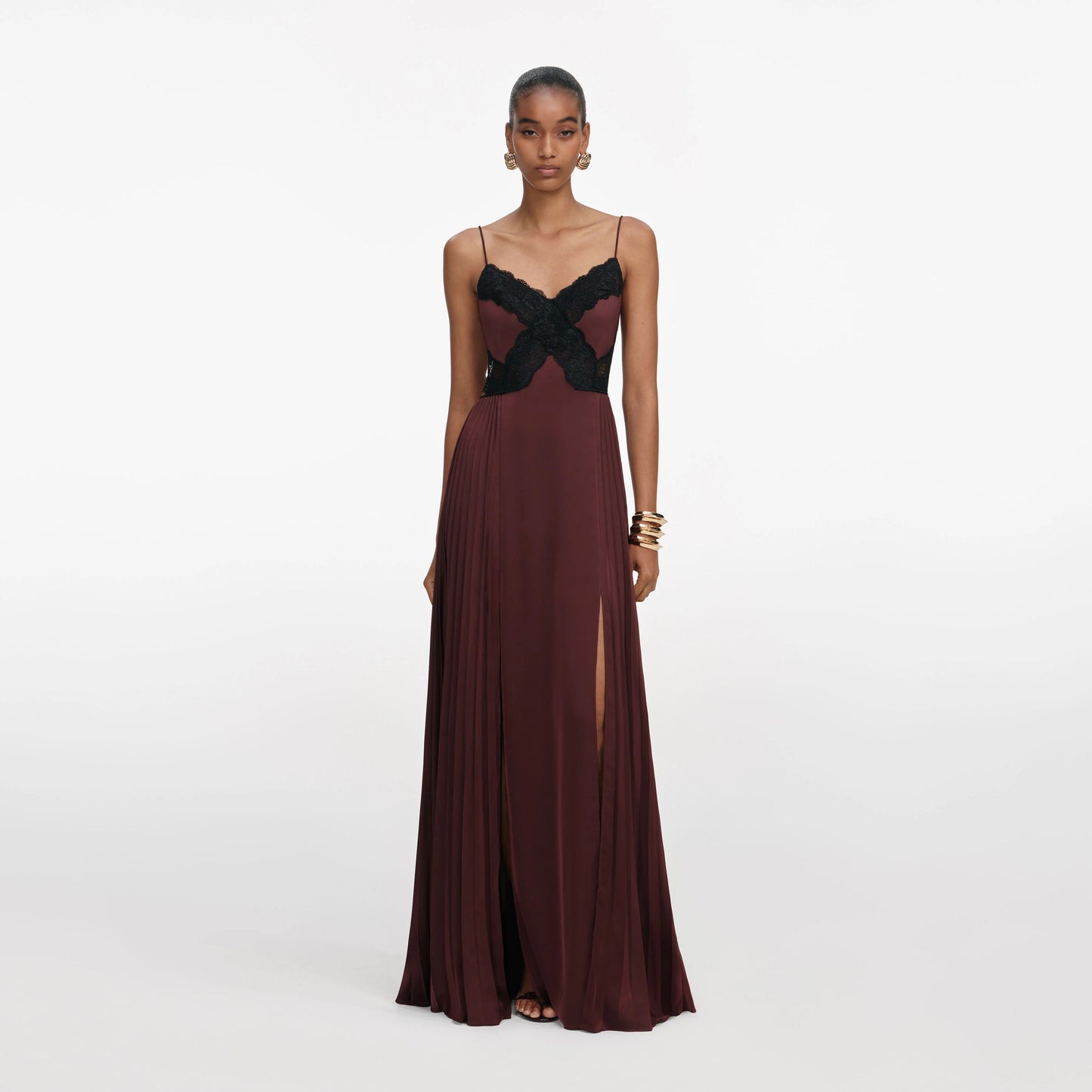 Brown Satin Lace Maxi Dress