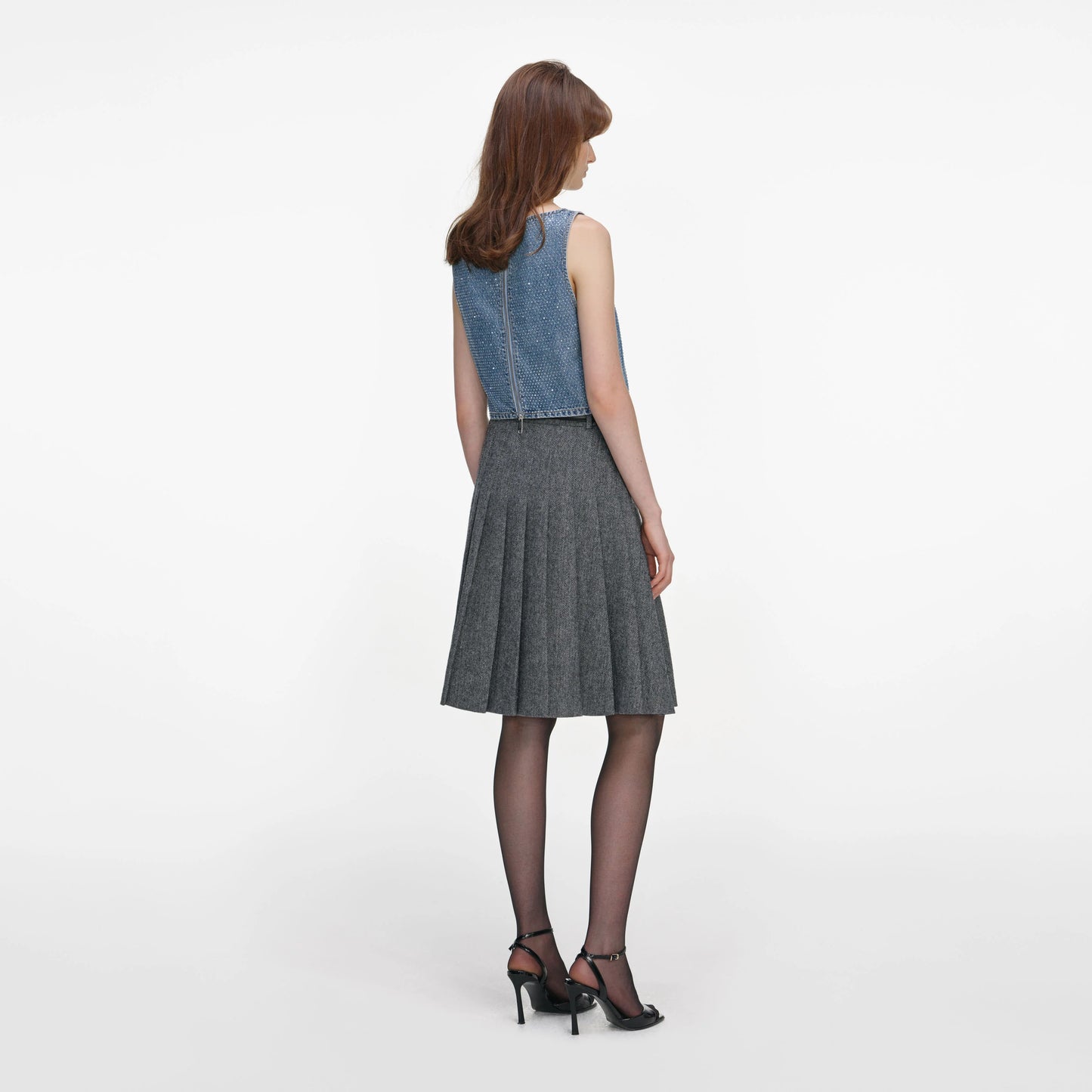 Grey Herringbone Pleated Midi Skirt