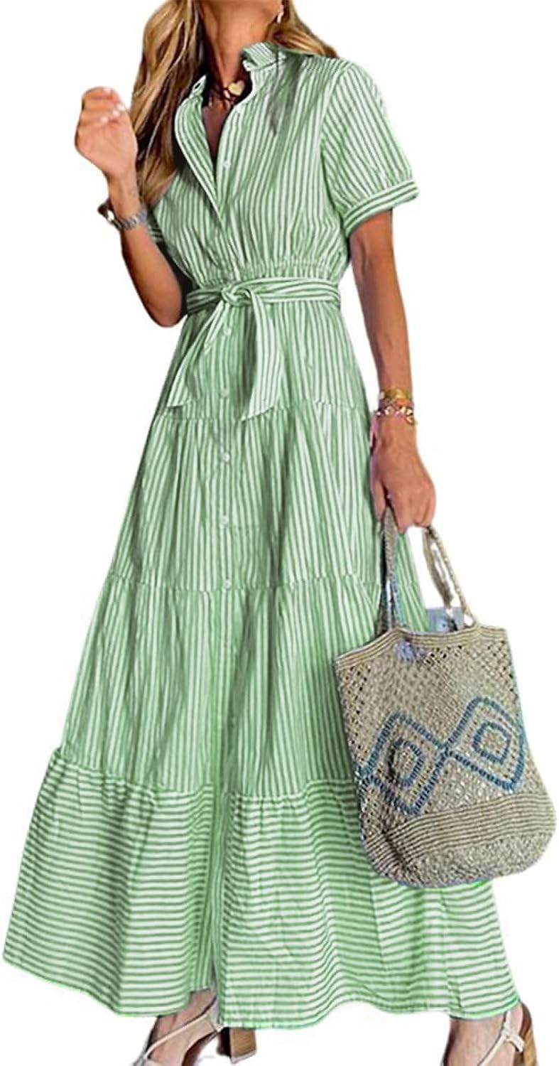 Womens Casual Short Sleeve Button Down Tie Waist Ruffled Striped Maxi Shirt Dress