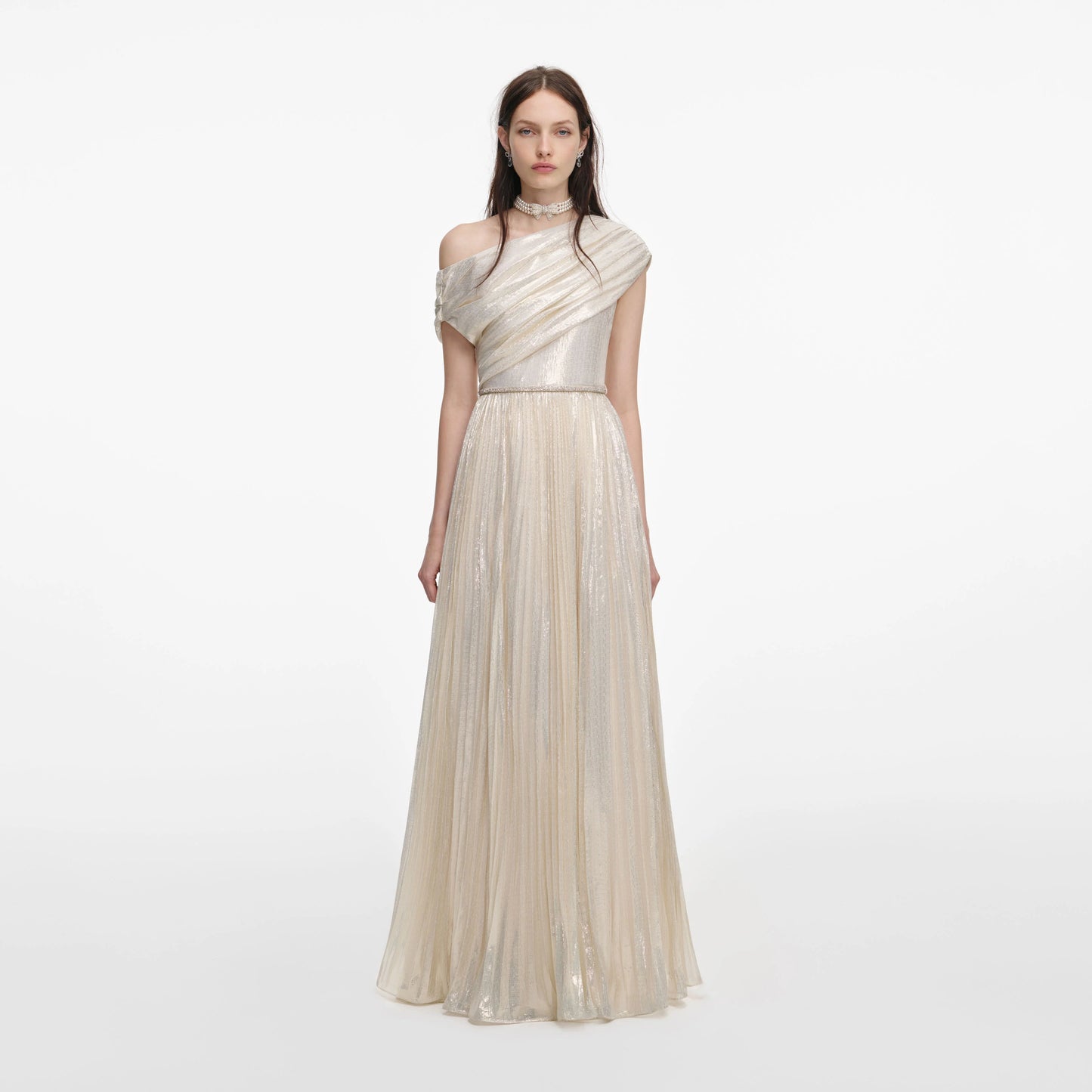 Champagne Metallic Chiffon Maxi Dress