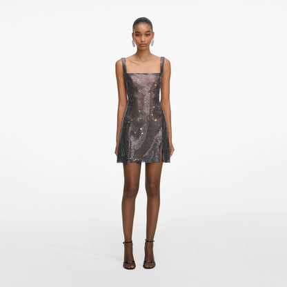 Gunmetal Rhinestone Mesh Mini Dress