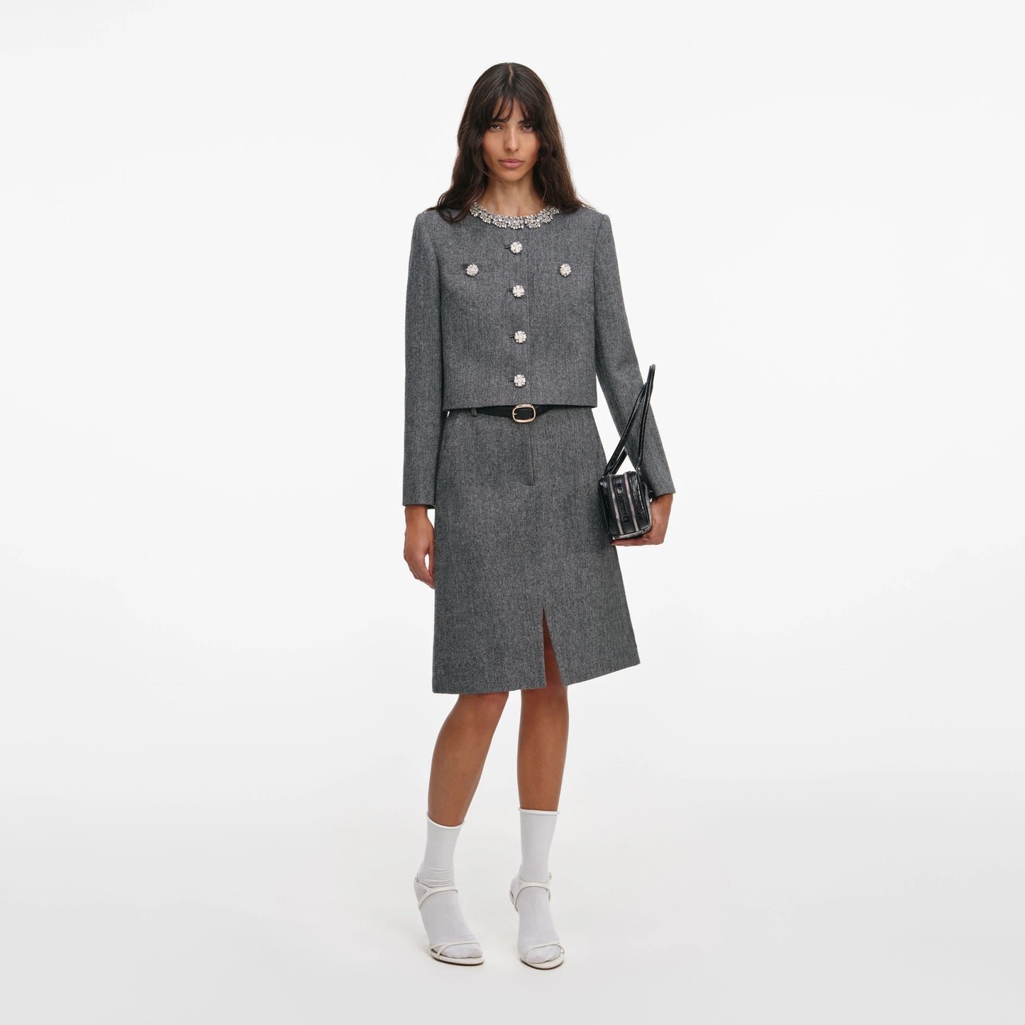 Grey Herringbone Crystal Trim Jacket