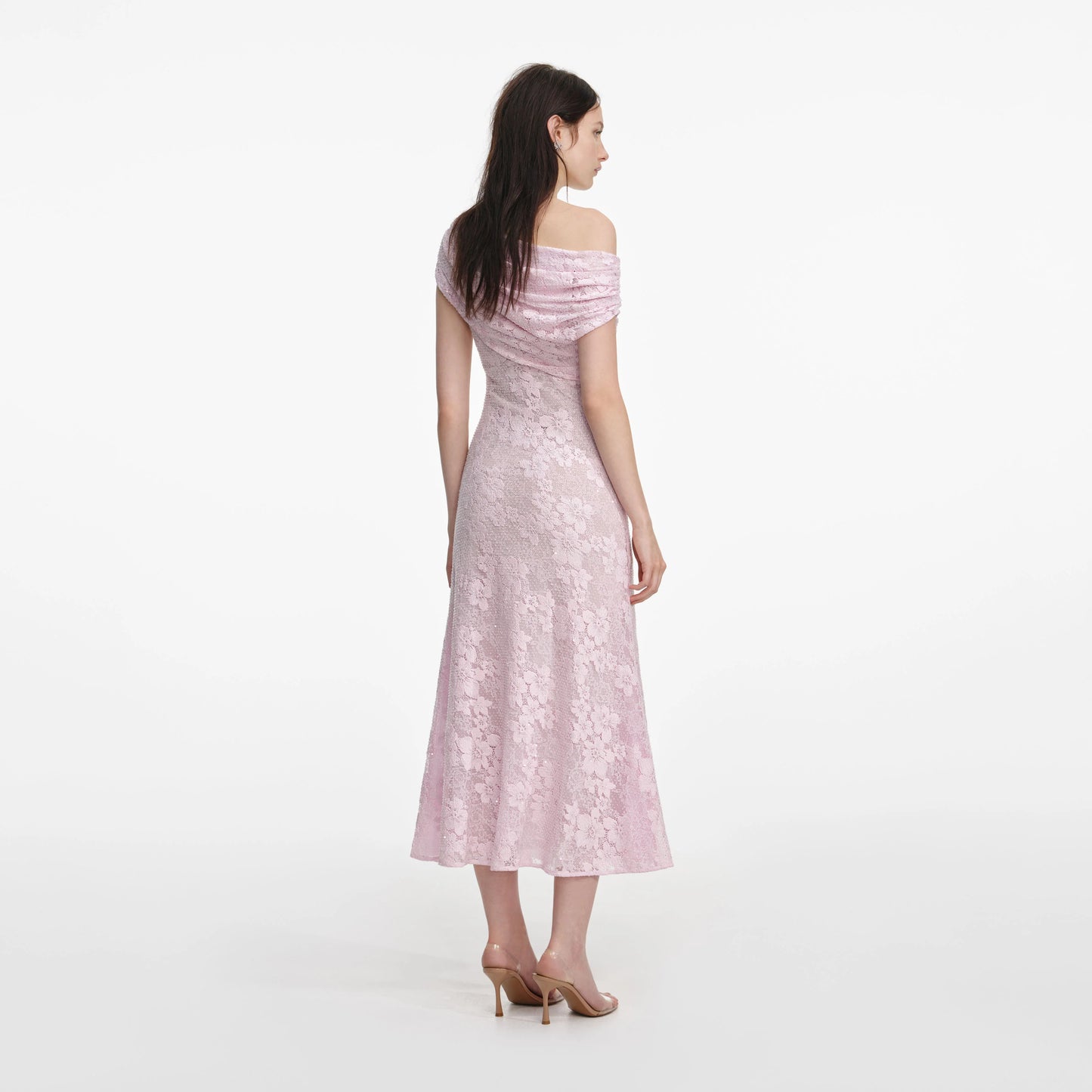 Pink Rhinestone Lace Asymmetric Midi Dress