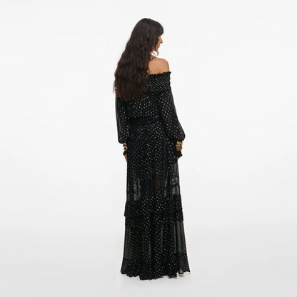 Black And Gold Chiffon Lace Maxi Skirt