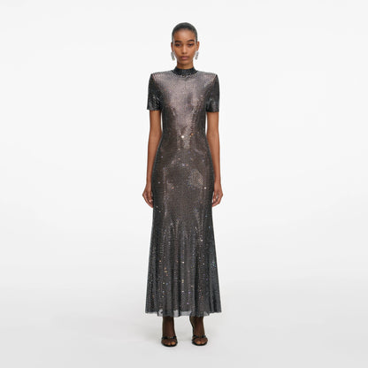 Gunmetal Rhinestone Mesh Midi Dress
