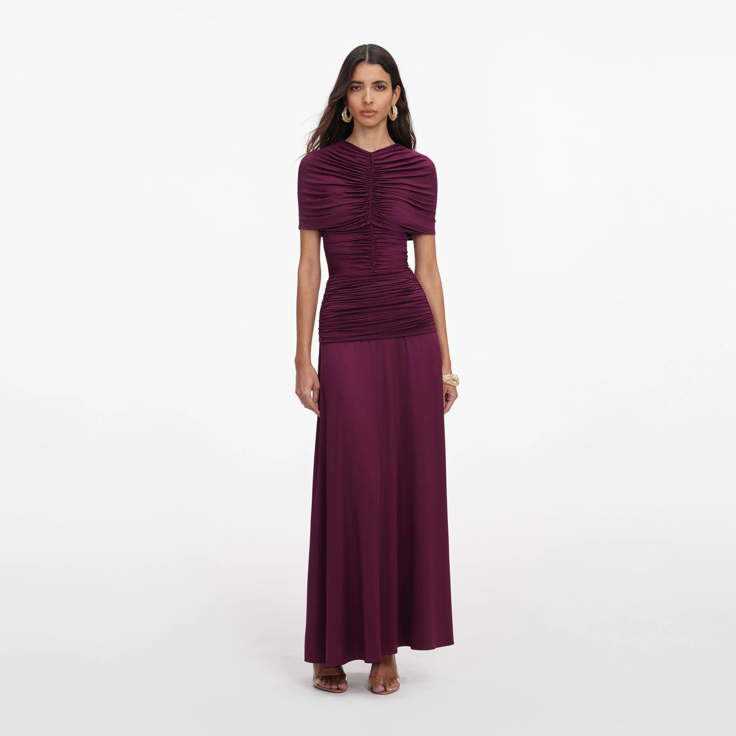 Burgundy Jersey Gathered Midi Dress