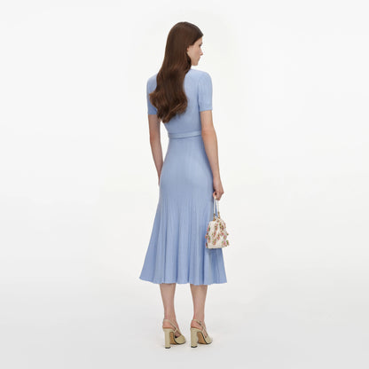 Blue Ribbed Knit Midi Dress