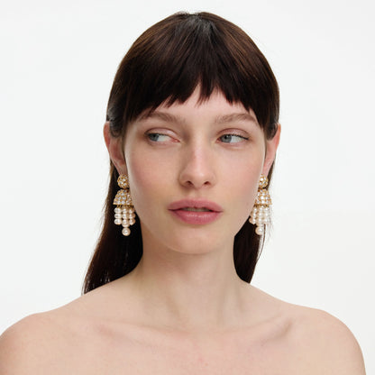 Gold Crystal Cluster Pearl Drop Earrings