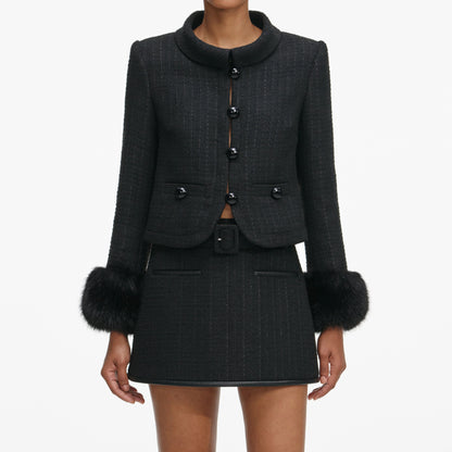 Black Boucle Faux Fur Cuff Jacket