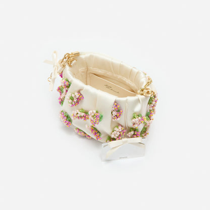 Cream Satin Floral Beaded Tote Bag