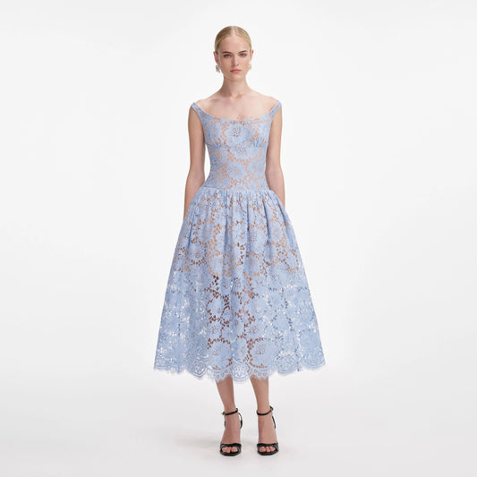 Blue Floral Lace Midi Dress