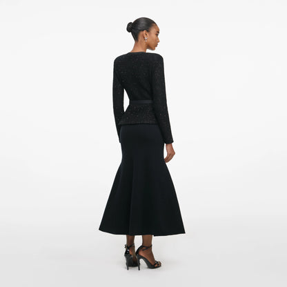 Black Sequin Knit Tailored Midi Dress