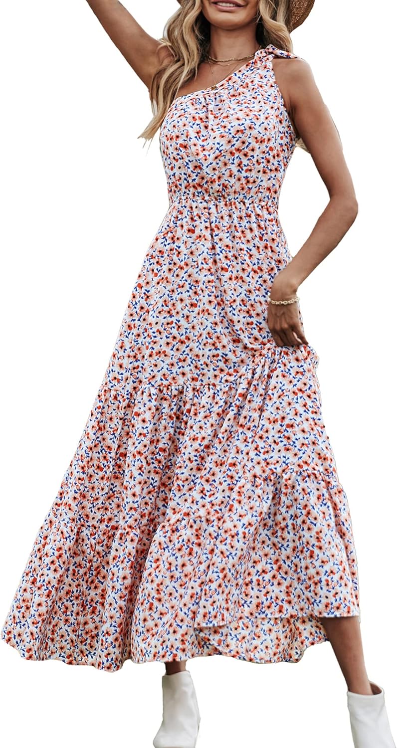 Women's Summer Floral One Shoulder Maxi Dress Knot Ruffle Boho Beach Vacation Wedding Guest Long Sun Dresses