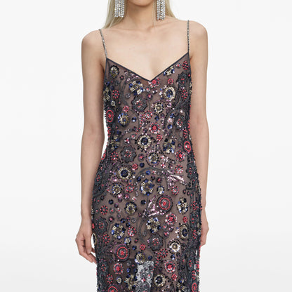 Navy Floral Sequin Maxi Dress