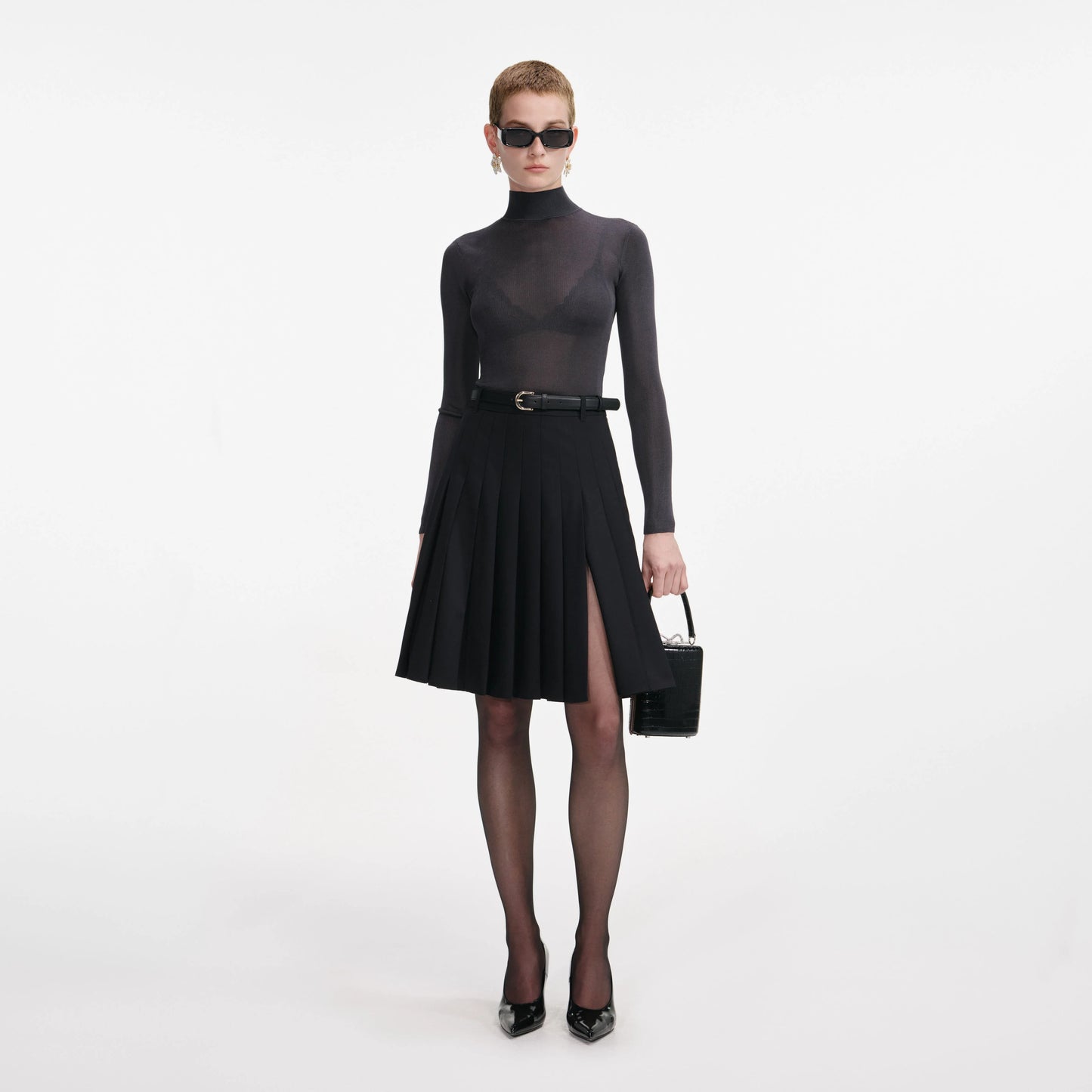 Black Pleated Twill Midi Skirt
