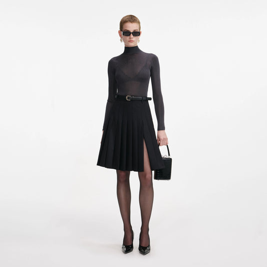 Black Pleated Twill Midi Skirt