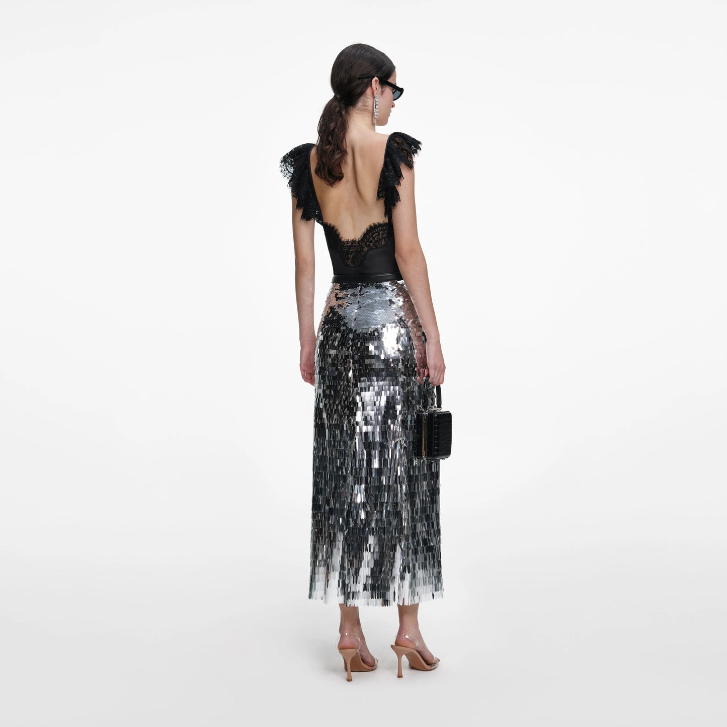 Silver Gradient Sequin Midi Skirt
