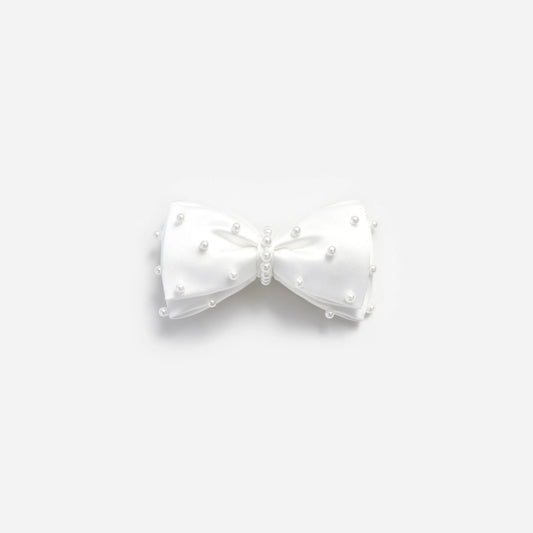 Cream Satin Pearl Bow Hair Clip