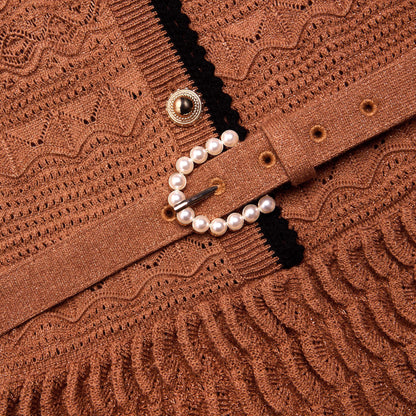 Brown Pointelle Knit Mini Dress