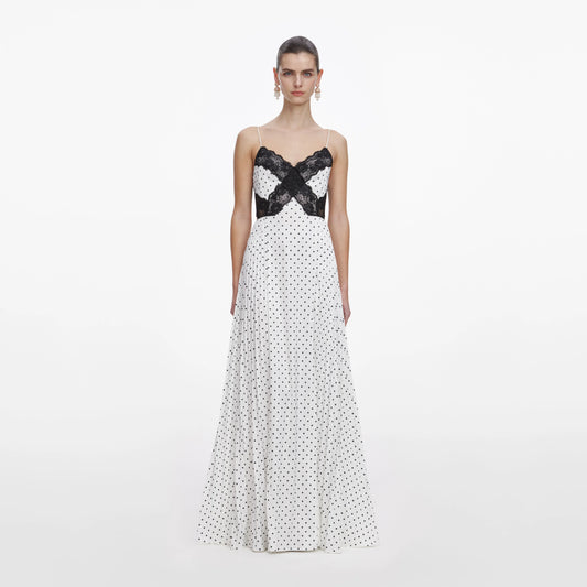 White Polka Dot Satin Lace Maxi Dress